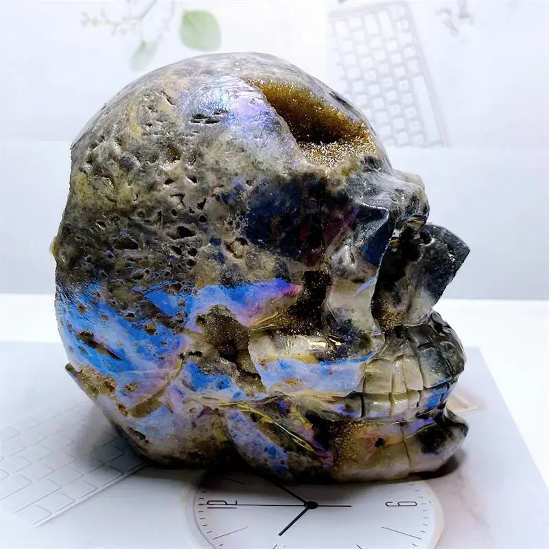 Natural Aura Sphalerite Skull Dursy Carving Reiki Healing Stones Feng Shui Craft Carved For Decor Holiday Gift 1PCS-ToShay.org