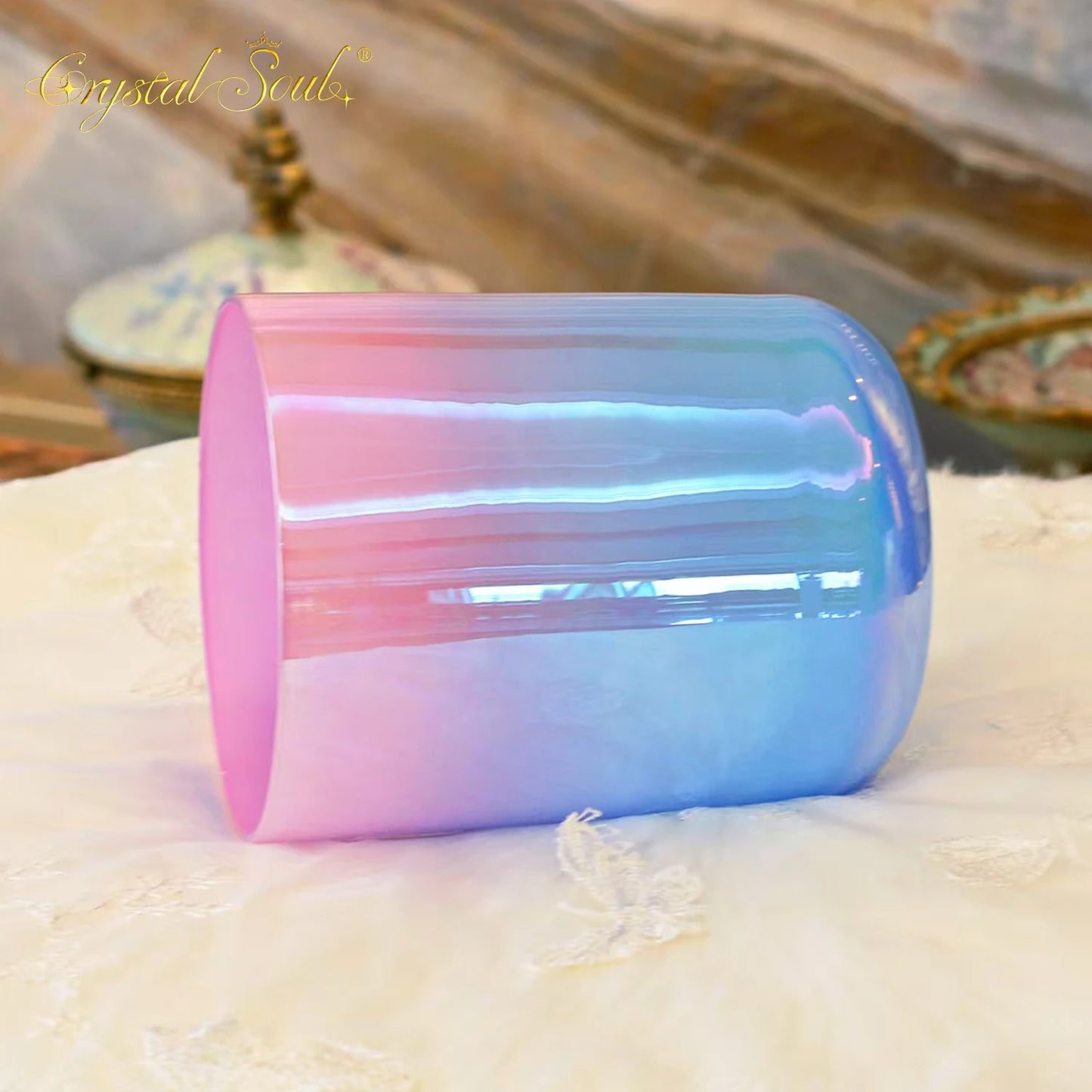 CrystalSoul 432Hz Pink Ocean Powder Blue Gradient Clear Alchemy Crystal Bowl with Accessories-ToShay.org