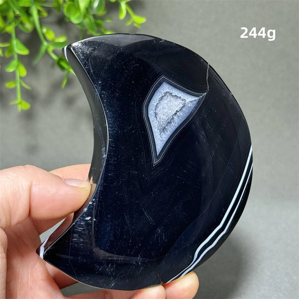 Natural Gemstone Black Agate Moon-Shaped Mineral Specimen Reiki Therapy Energy Collection Jiapin Home Decoration Gift-ToShay.org