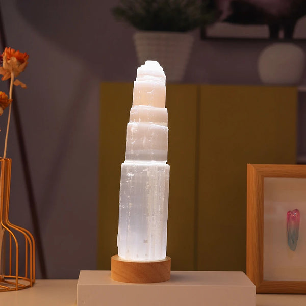 White Selenite Tower Lamp-ToShay.org