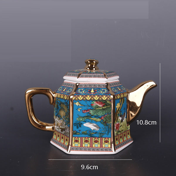 Gold Enamel Flower Bird Teapot-ToShay.org