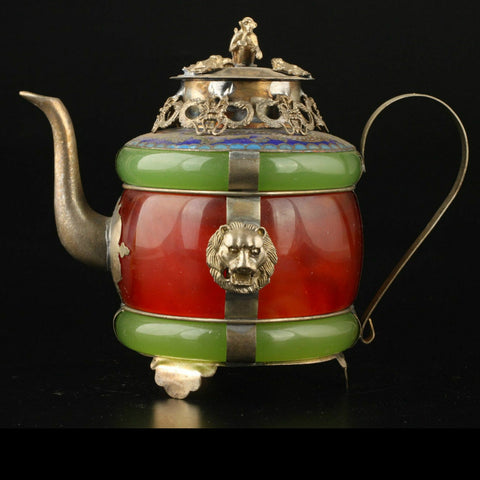 Jade Inlay Silver Lion Teapot-ToShay.org