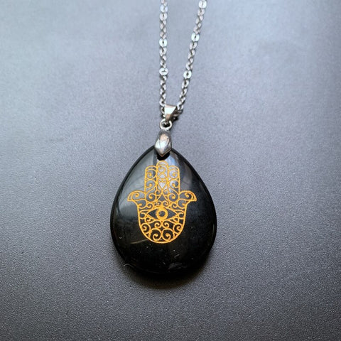 Black Obsidian Hamsa Hand Pendant-ToShay.org