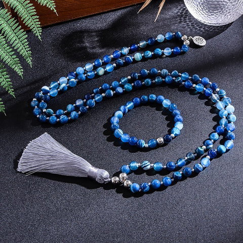 Blue Agate Bead Japamala Necklace-ToShay.org