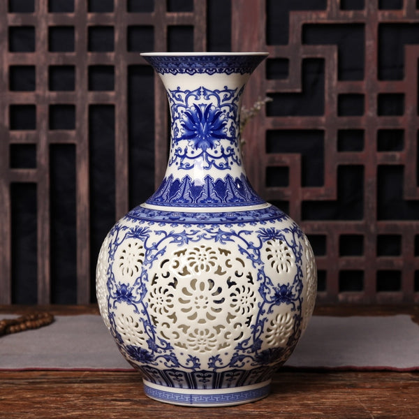 Jingdezhen Hollow Blue and White Vase-ToShay.org