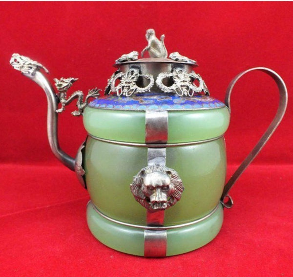 Jade Dragon Lion Cloisonne Teapot-ToShay.org