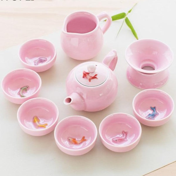Goldfish Celadon Pink Tea Sets-ToShay.org