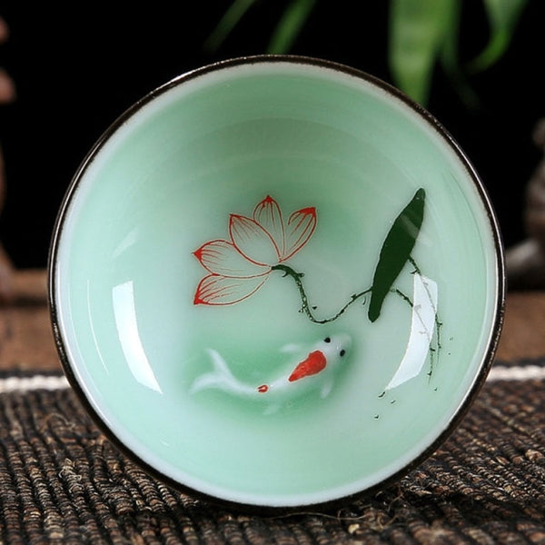 Goldfish Celadon Tea Cups-ToShay.org