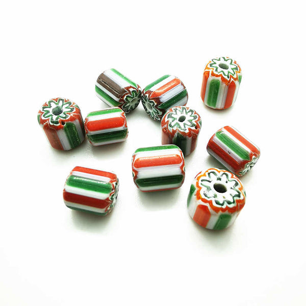 Red Green Stripe Barrel Beads-ToShay.org