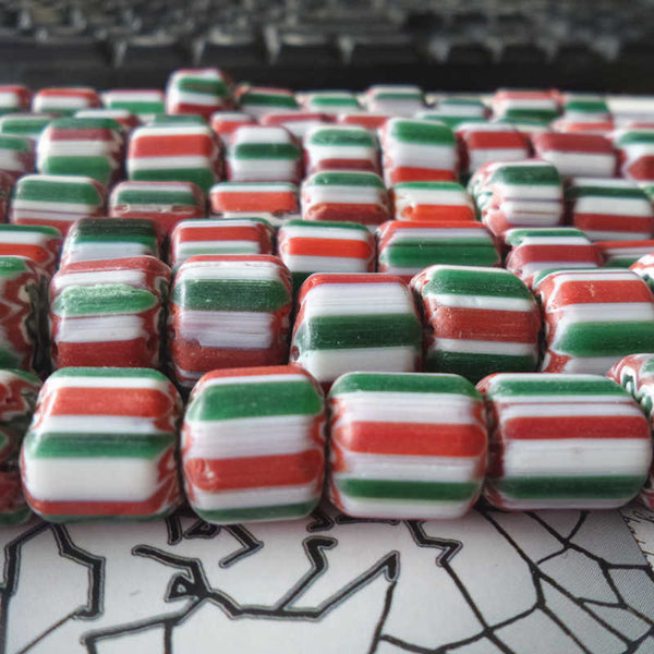 Red Green Stripe Barrel Beads-ToShay.org