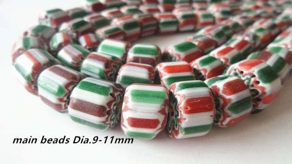 Red Green Stripe Barrel Beads-ToShay.org